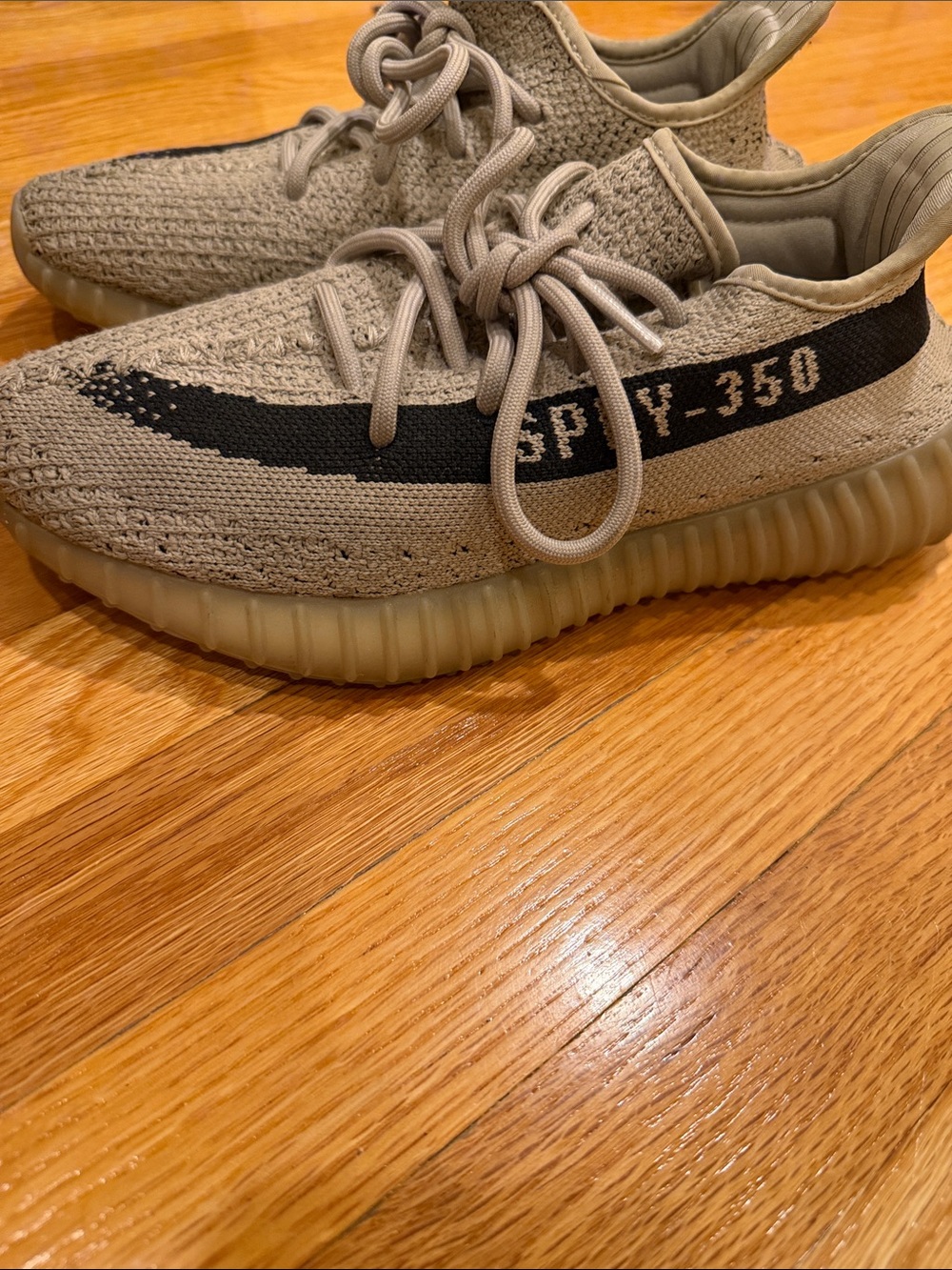 Yeezy Tan Knit Sneakers with Black Stripe Accent